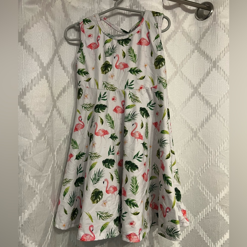 Girls white Flamingo summer play dress, size 4T